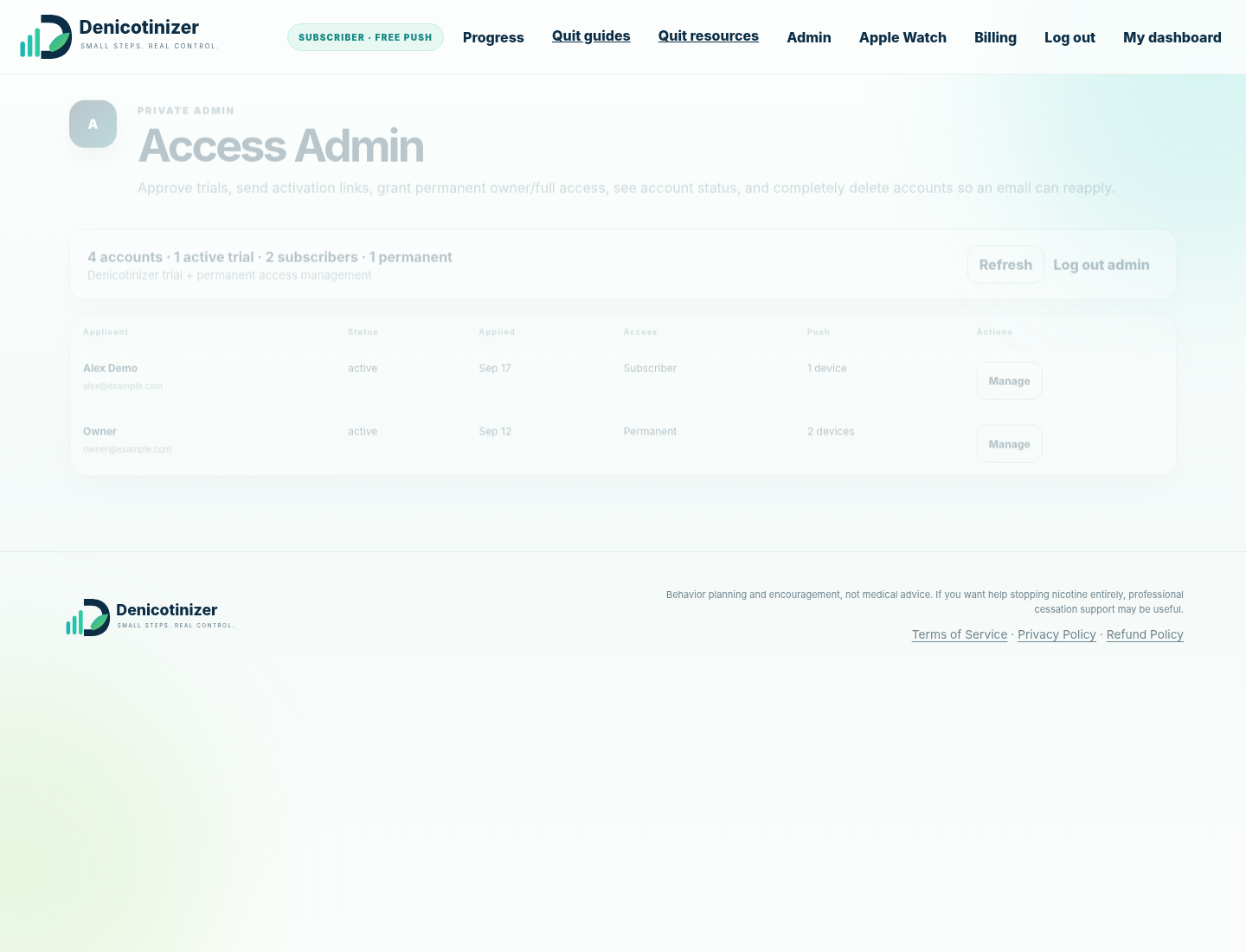 Actual Denicotinizer admin page