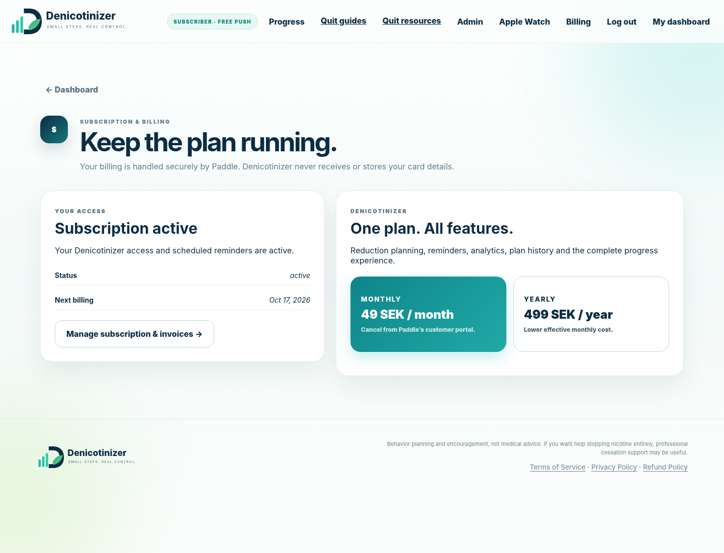 Actual Denicotinizer billing page