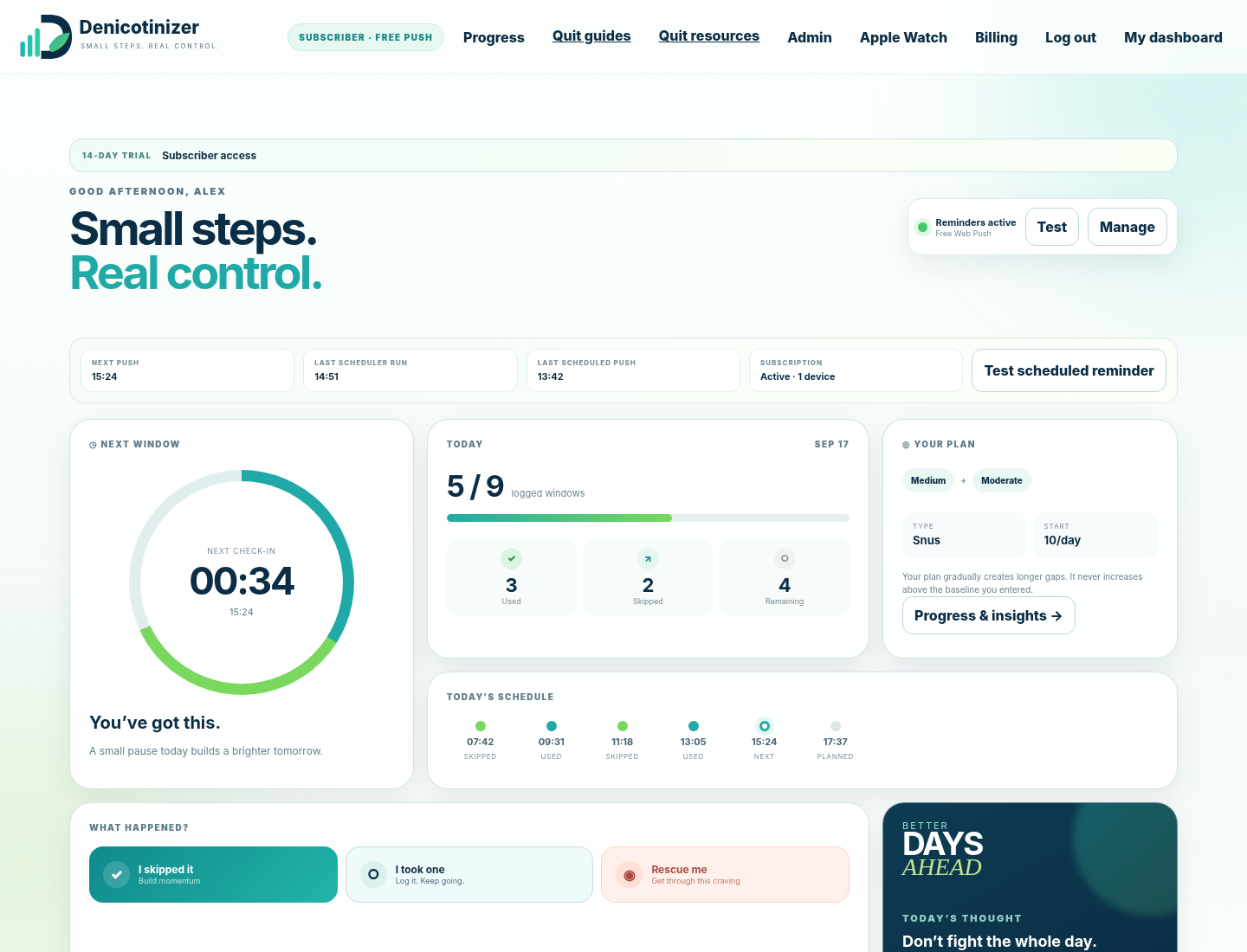 Actual Denicotinizer dashboard