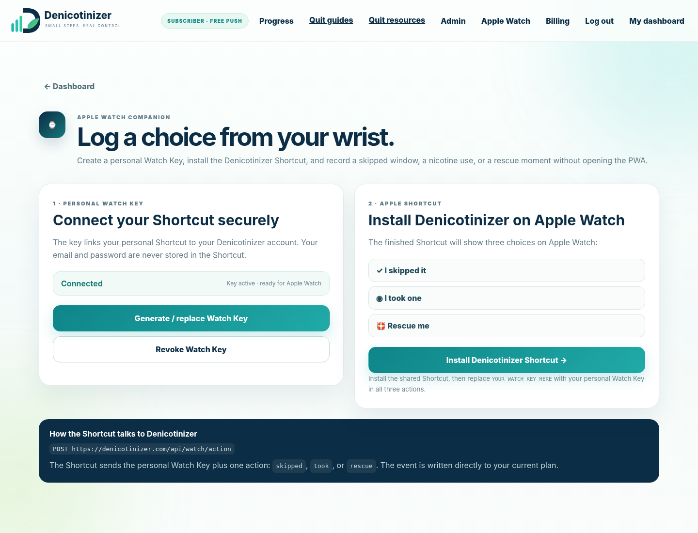 Actual Denicotinizer Apple Watch setup page